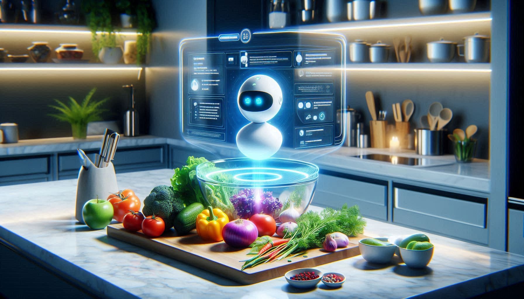 Ingredientes em uma bancada de cozinha com um tablet mostrando uma receita gerada por IA