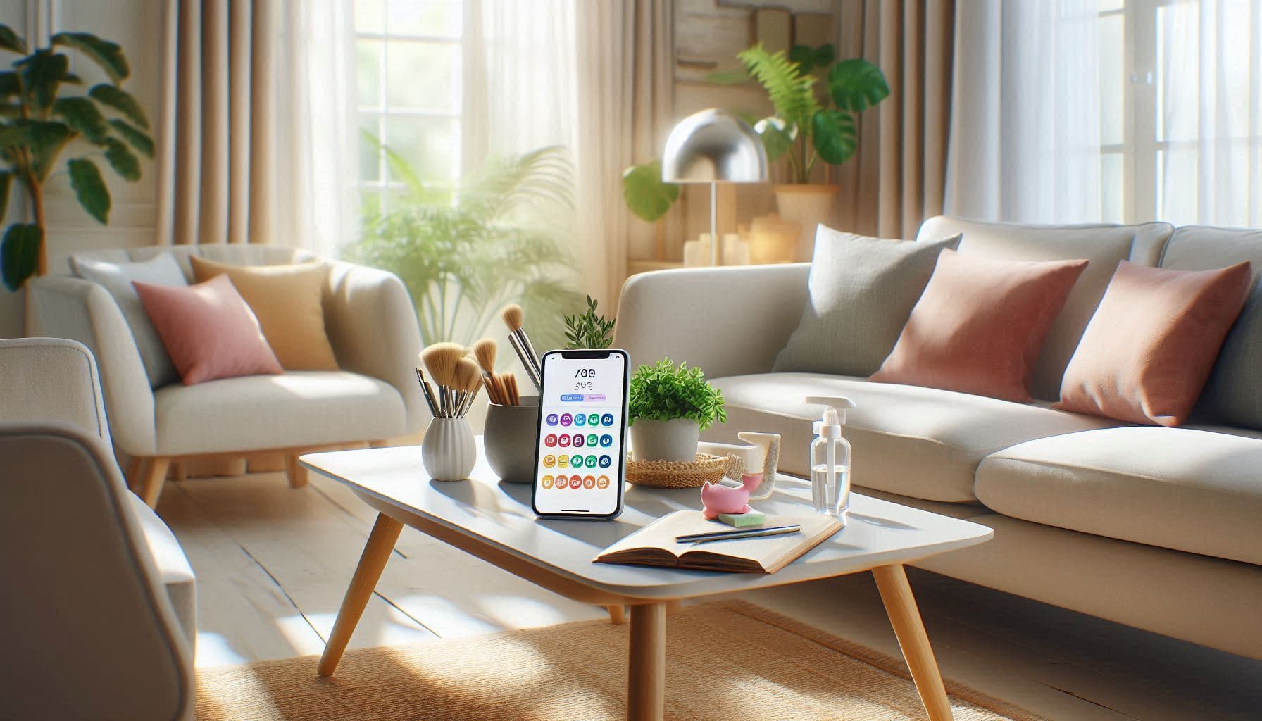 Sala de estar limpa com smartphone mostrando app de agenda de limpeza