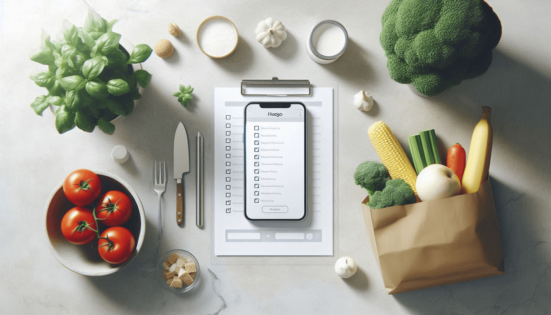 Telefono con una app de lista de la compra y articulos marcados en un supermercado
