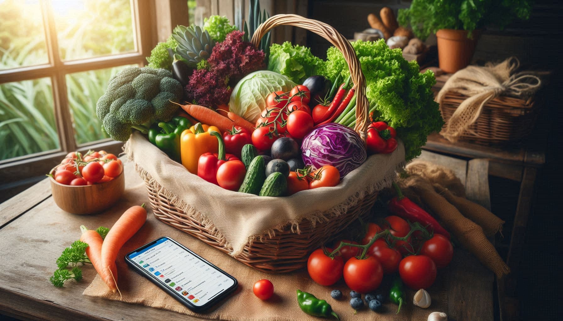 Frisches Gemüse und gesunde Lebensmittel auf einer Küchenarbeitsplatte arrangiert