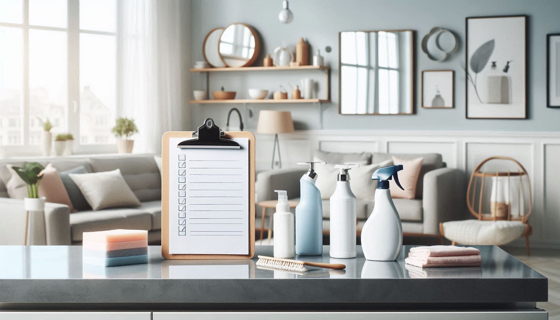 Clean organized home with checklist on kitchen counter