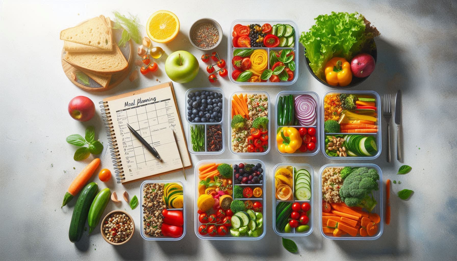Wöchentlicher Mahlzeitenplan auf einer Küchentheke mit frischen Zutaten
