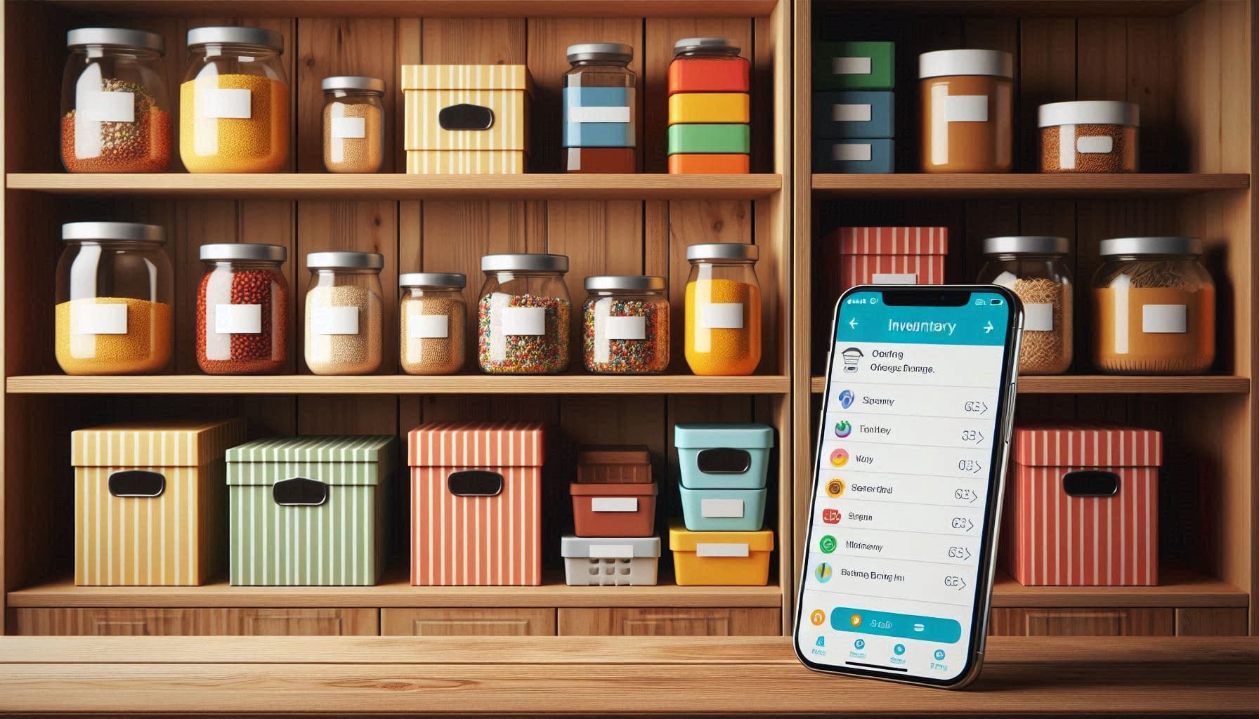 Organized pantry shelves with a smartphone showing inventory tracking app