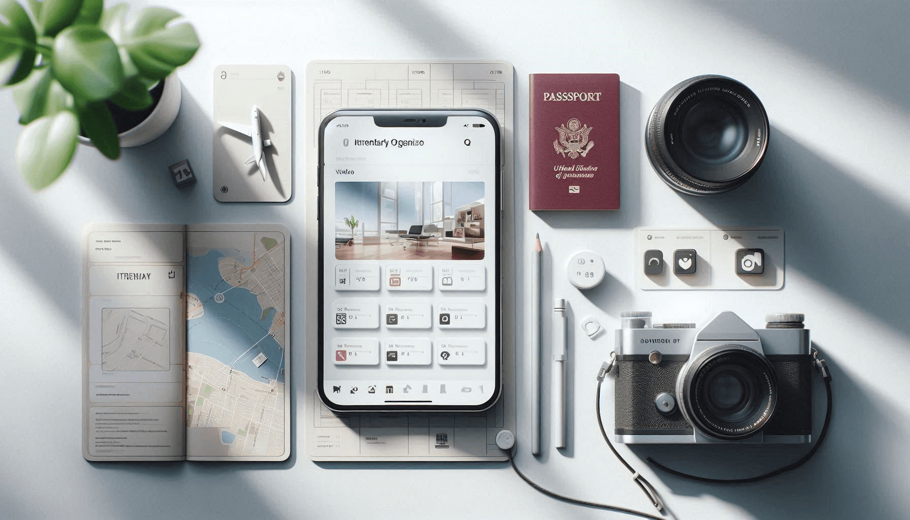 Smartphone showing a travel itinerary app with flight and hotel details