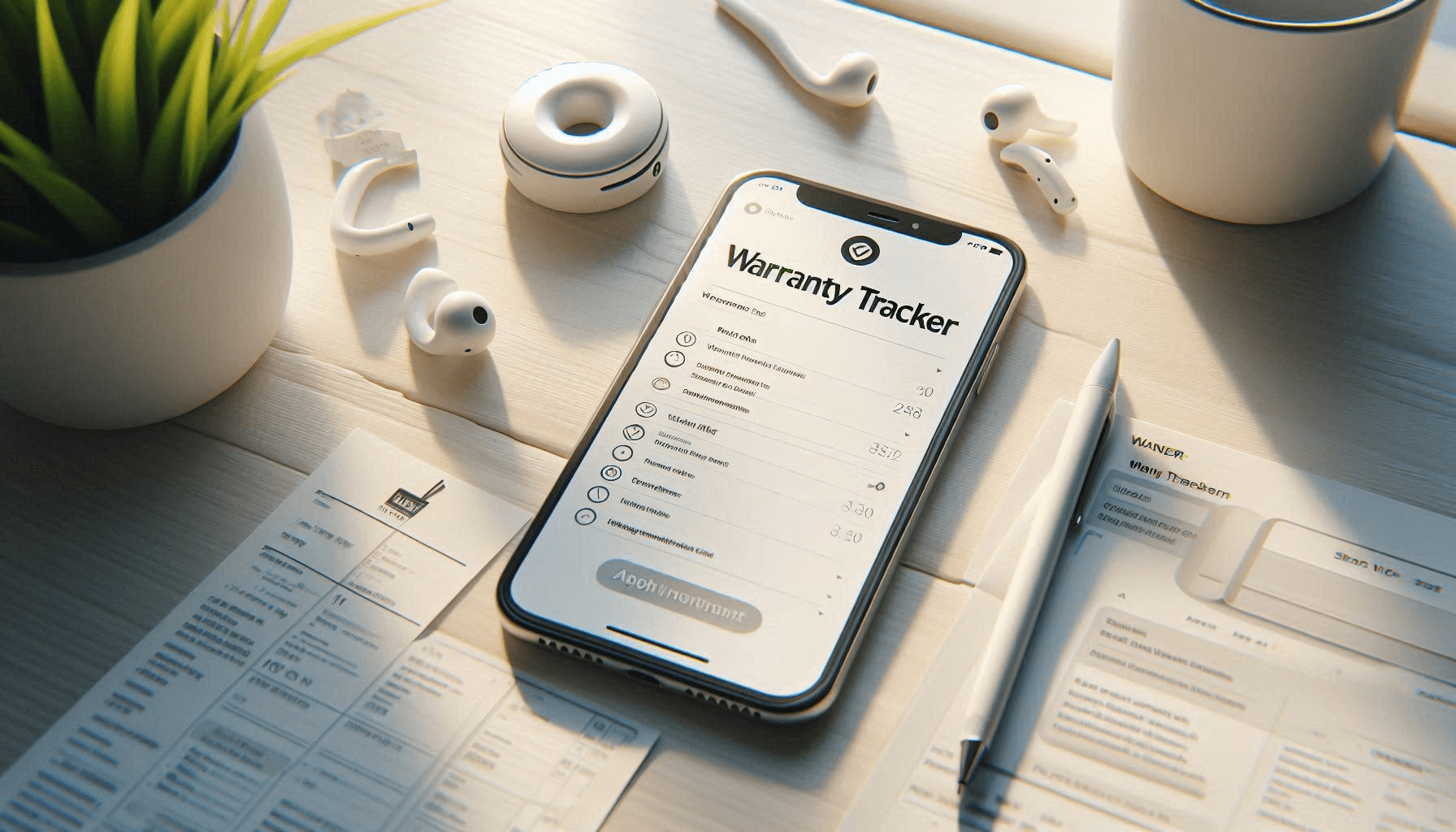 Smartphone showing a warranty tracker app with appliance details and expiration dates