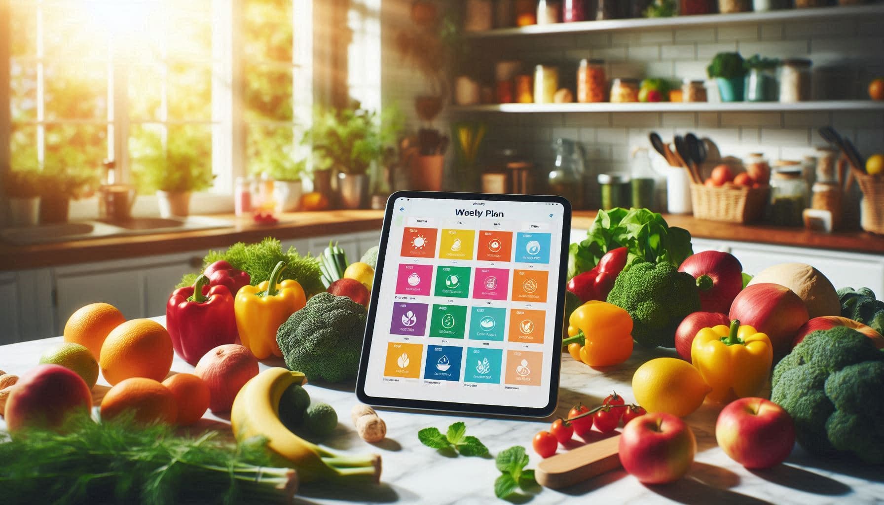 A tablet showing a weekly meal plan next to fresh groceries on a kitchen counter